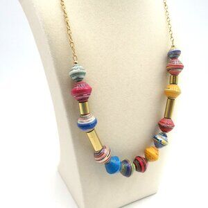 Handmade Paper Bead Tube Necklace Gold Chain Artisan Jewelry 18in Statement Gift